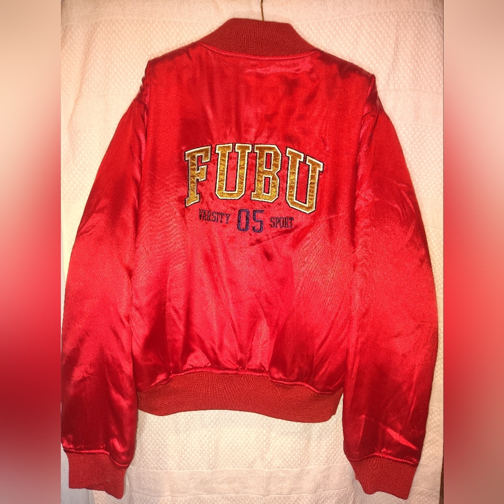 Vintage FUBU The Collection Varsity Satin Bomber Jacket  (Red) Women's 1x  90's